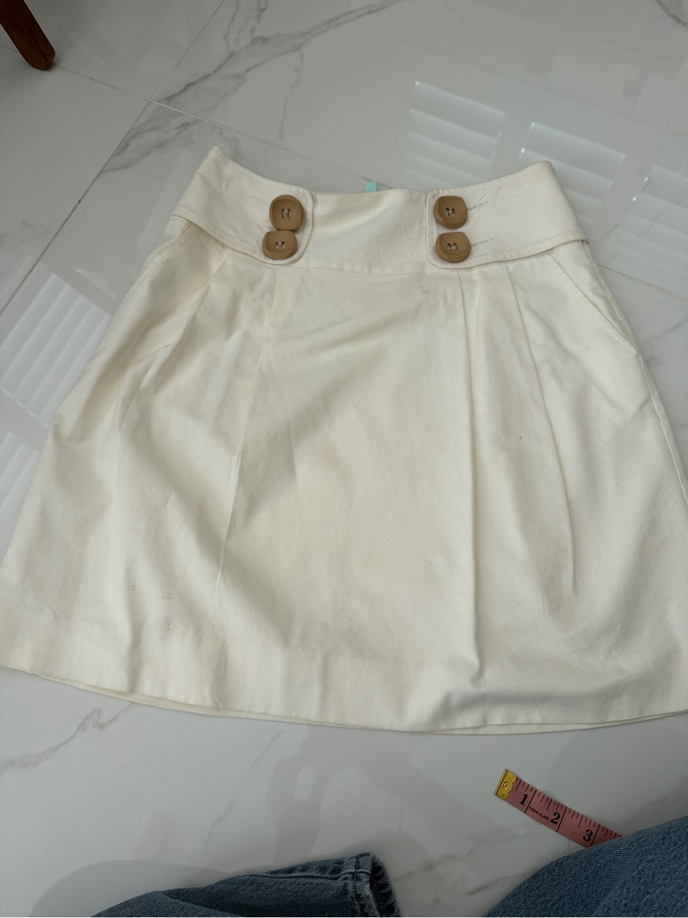 Milly Cream A-Line Skirt with Wood-Tone Button Detail